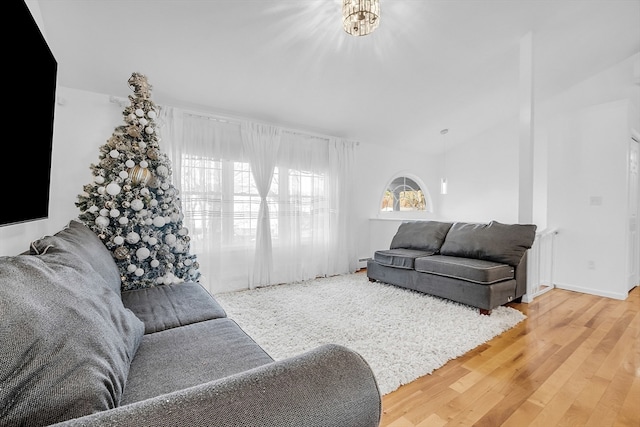 living room with hardwood / wood-style flooring, a notable chandelier, radiator, and vaulted ceiling