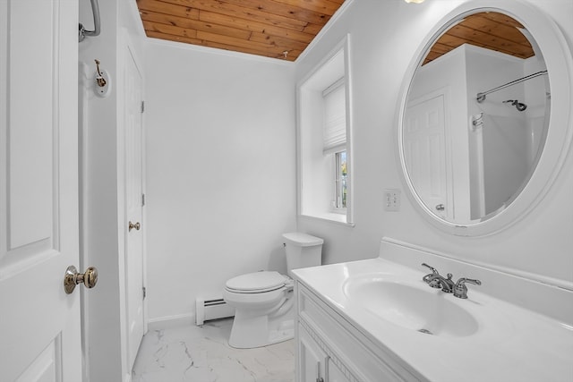 bathroom with ornamental molding, vanity, wood ceiling, and a baseboard heating unit