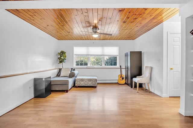 living area featuring a baseboard heating unit, light hardwood / wood-style floors, ceiling fan, and wooden ceiling