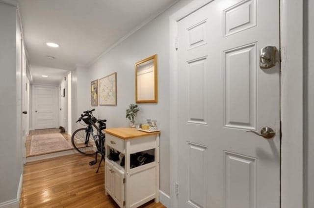 15 Trowbridge St Unit 12A, Cambridge, MA 02139 - hallway featuring crown molding, light wood finished floors, recessed lighting, and baseboards