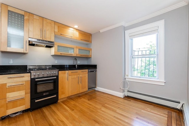 12 Springer St Unit 3, Boston, MA 02127 - kitchen featuring gas range oven, under cabinet range hood, stainless steel dishwasher, baseboard heating, and crown molding