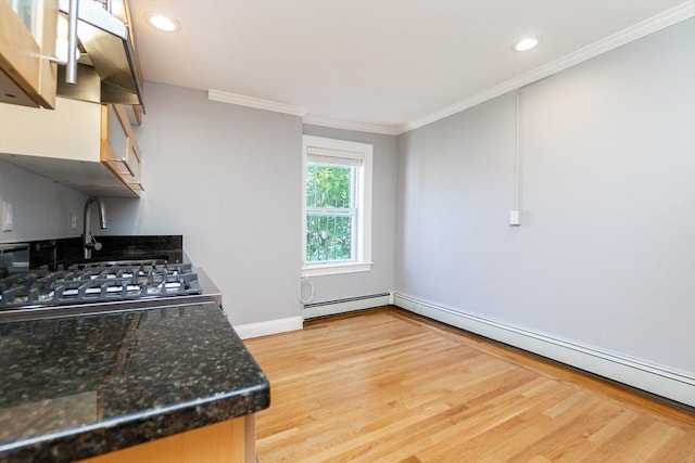 12 Springer St Unit 3, Boston, MA 02127 - kitchen with light wood-style flooring, crown molding, a baseboard heating unit, baseboard heating, and recessed lighting