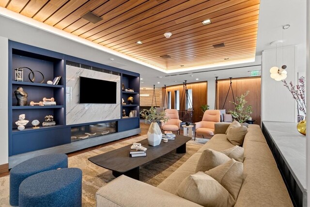 community lobby with wood ceiling