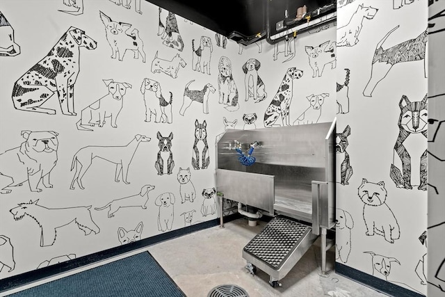miscellaneous room with pet washing area, concrete floors, and baseboards
