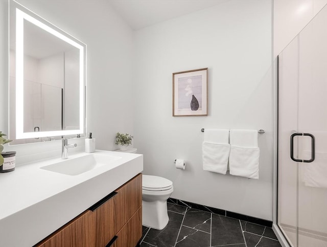 full bath with a stall shower, toilet, marble look tiles, vanity, and baseboards