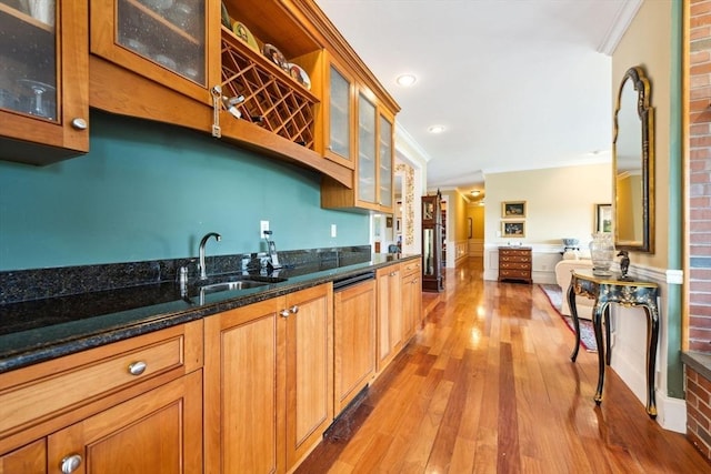 45 Joshua Rd, Wrentham, MA 02093 - kitchen with crown molding, light wood-style floors, brown cabinets, glass insert cabinets, and recessed lighting