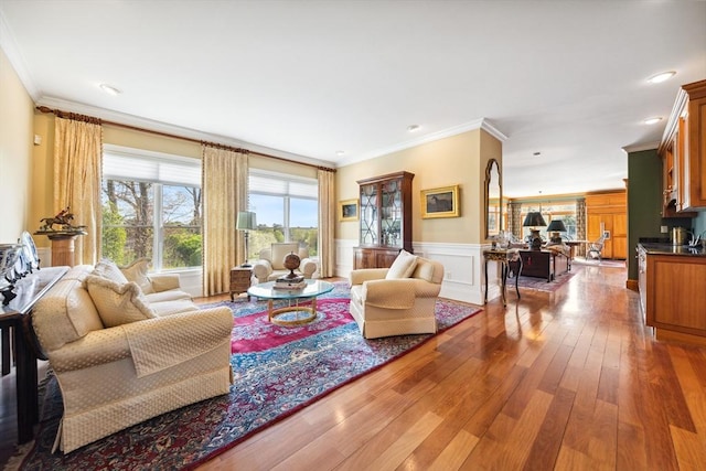 45 Joshua Rd, Wrentham, MA 02093 - living area featuring crown molding, wainscoting, hardwood / wood-style flooring, and recessed lighting