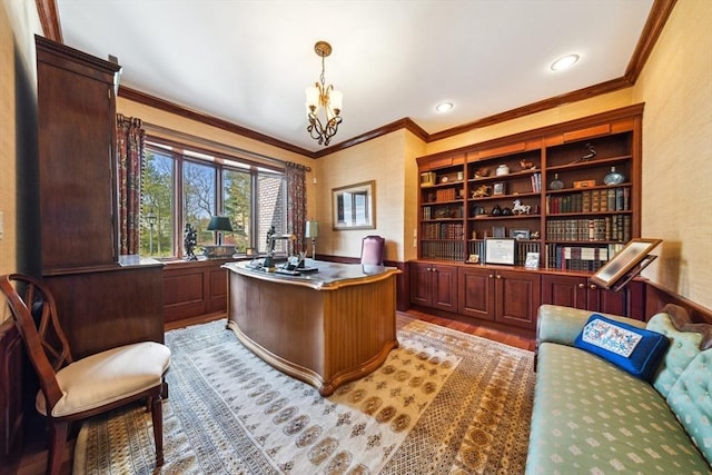 45 Joshua Rd, Wrentham, MA 02093 - office featuring crown molding, a chandelier, and light wood-style floors