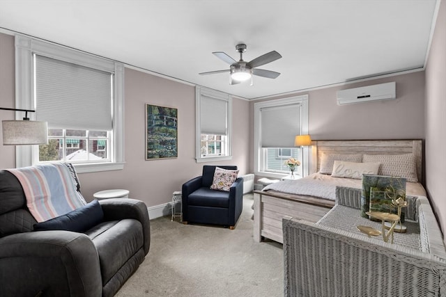 70 Hawthorn St, New Bedford, MA 02740 - bedroom with carpet, an AC wall unit, baseboards, and a ceiling fan