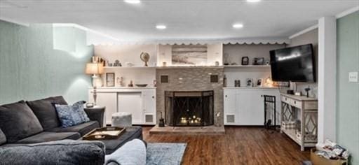 70 Hawthorn St, New Bedford, MA 02740 - living area with dark wood-style floors, a brick fireplace, and recessed lighting