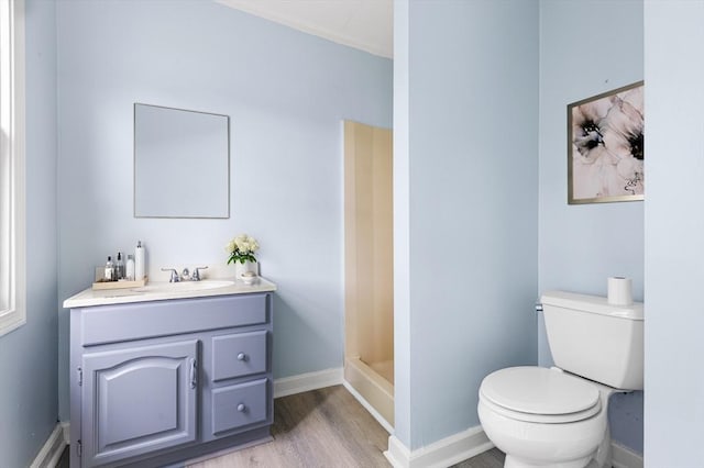 179 Rosemont St, Haverhill, MA 01830 - bathroom featuring vanity, toilet, wood finished floors, baseboards, and a shower