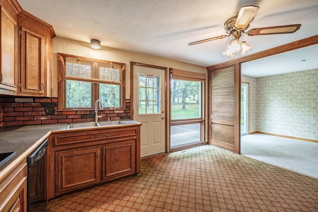 136 Butternut Hollow Rd, West Springfield, MA 01089 - kitchen with a sink, dishwasher, carpet, brown cabinetry, and ceiling fan