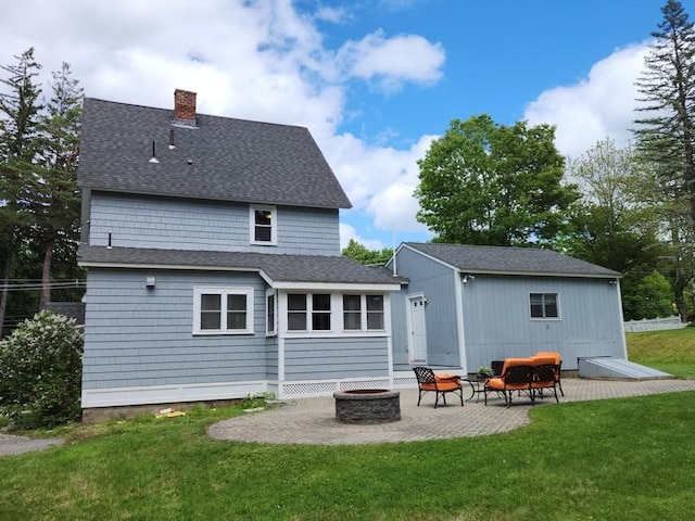 52 Walnut St, Shrewsbury, MA 01545 - rear view of house featuring an outdoor fire pit, a patio, a yard, a chimney, and a shingled roof