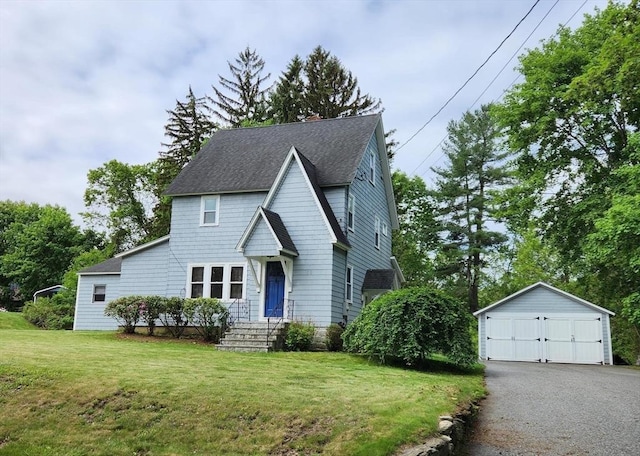 52 Walnut St, Shrewsbury, MA 01545 - traditional-style house with a garage, a front lawn, an outdoor structure, and a shingled roof