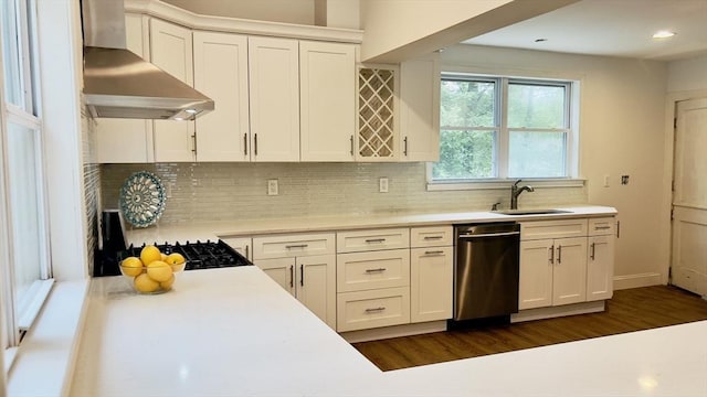 52 Walnut St, Shrewsbury, MA 01545 - kitchen featuring dishwasher, a sink, wall chimney exhaust hood, light countertops, and tasteful backsplash