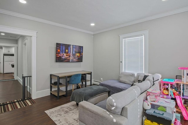 living room with crown molding and dark hardwood / wood-style flooring