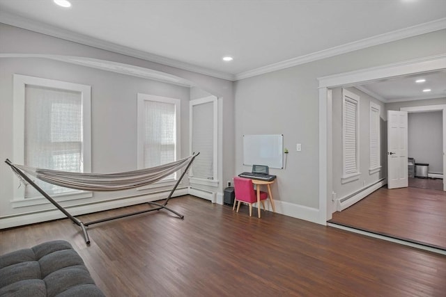 sitting room featuring crown molding, dark hardwood / wood-style floors, and baseboard heating