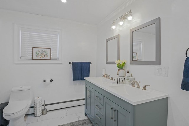 bathroom with toilet, crown molding, a baseboard heating unit, and vanity