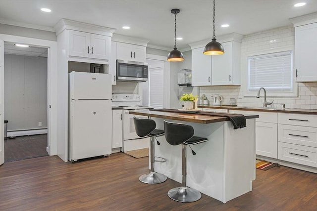 kitchen with white cabinetry, sink, white appliances, wood counters, and a baseboard radiator