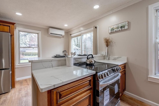 106 Stony Hill Rd, Wilbraham, MA 01095 - kitchen featuring brown cabinets, ornamental molding, stainless steel appliances, and a wall mounted air conditioner