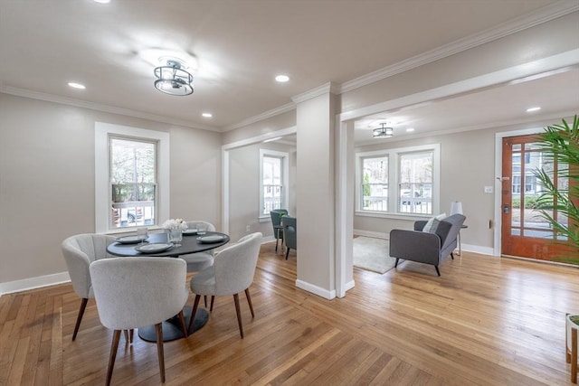 106 Stony Hill Rd, Wilbraham, MA 01095 - dining area with light wood-style floors, ornamental molding, baseboards, and recessed lighting