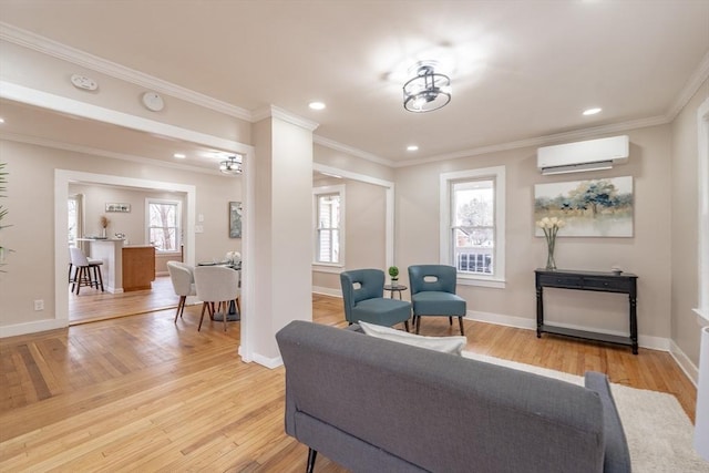 106 Stony Hill Rd, Wilbraham, MA 01095 - living area with ornamental molding, an AC wall unit, recessed lighting, and light wood-style floors