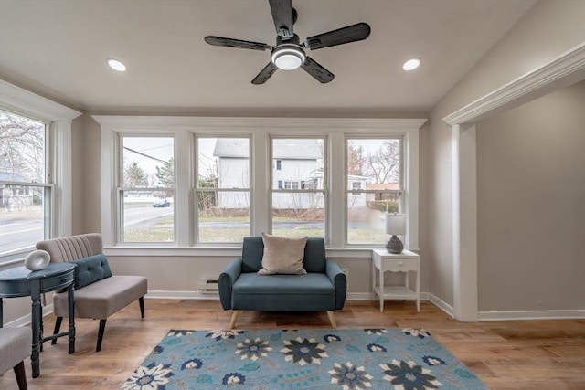 106 Stony Hill Rd, Wilbraham, MA 01095 - living area with wood finished floors, a ceiling fan, baseboards, baseboard heating, and recessed lighting