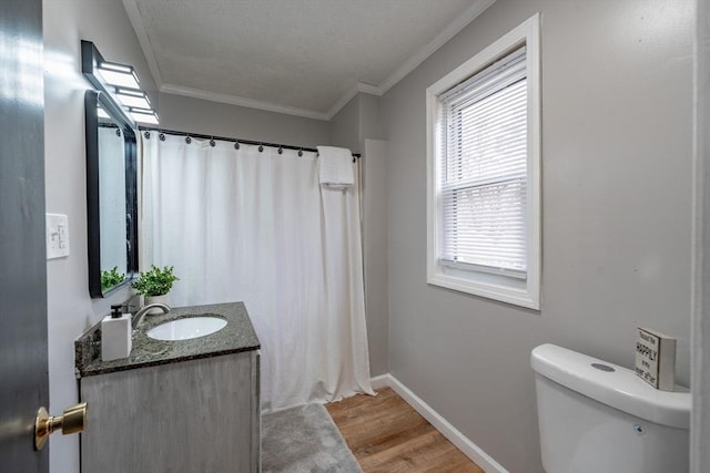106 Stony Hill Rd, Wilbraham, MA 01095 - bathroom with toilet, baseboards, ornamental molding, vanity, and wood finished floors
