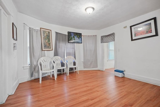 living area featuring light hardwood / wood-style floors and a textured ceiling