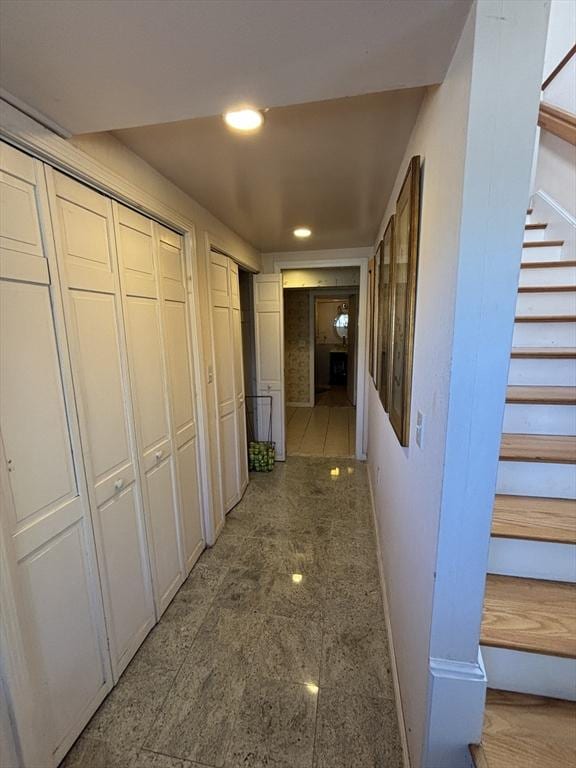 12 Inis Cir, Newton, MA 02465 - hallway with stairs, recessed lighting, baseboards, and granite tiled floors