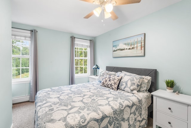 carpeted bedroom with ceiling fan and baseboard heating