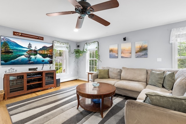 living room featuring light wood-type flooring, ceiling fan, and a baseboard radiator