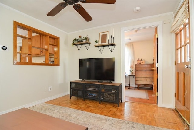 82 Circuit Ave, Weymouth, MA 02188 - living area with ceiling fan, baseboards, and crown molding