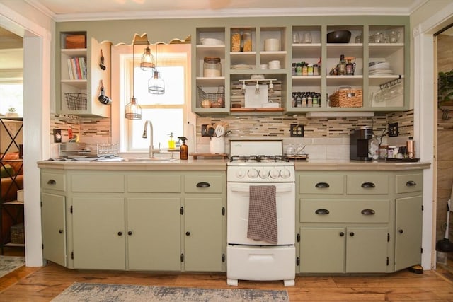 82 Circuit Ave, Weymouth, MA 02188 - kitchen with white gas range, open shelves, crown molding, a sink, and light wood-type flooring