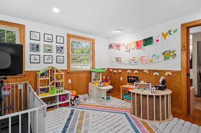 241 W Main St, Westborough, MA 01581 - recreation room with a wainscoted wall, plenty of natural light, wood walls, wood finished floors, and recessed lighting