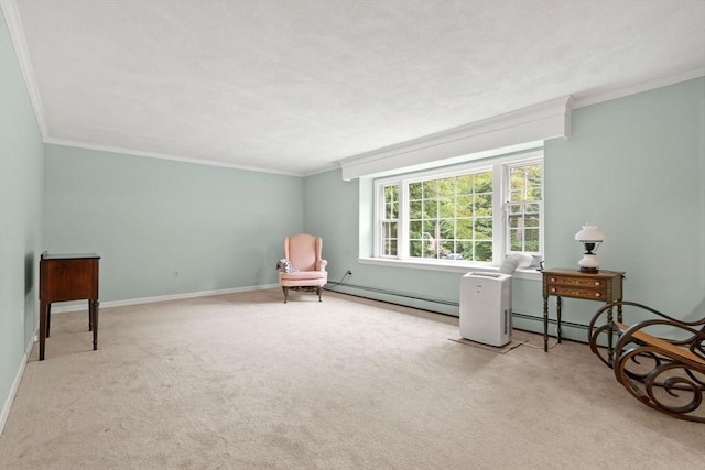 369 Border Rd, Concord, MA 01742 - living area featuring a baseboard radiator, carpet, and crown molding