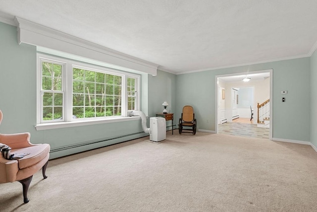 369 Border Rd, Concord, MA 01742 - sitting room featuring crown molding, a baseboard heating unit, carpet, and stairs