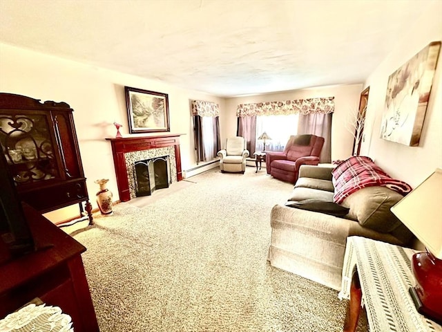 carpeted living room with a baseboard heating unit and a tile fireplace