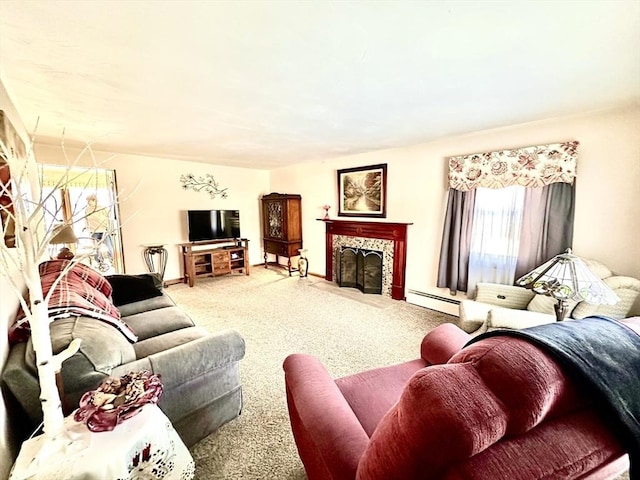 carpeted living room with a premium fireplace and a baseboard heating unit