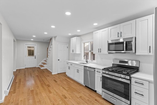 kitchen featuring white cabinetry, sink, stainless steel appliances, a baseboard radiator, and light wood-type flooring