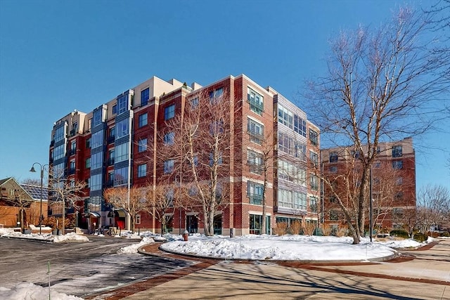 view of snow covered building