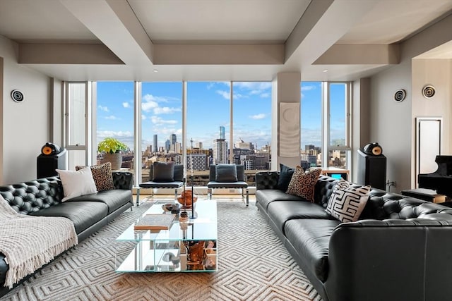 living room featuring a wall of windows