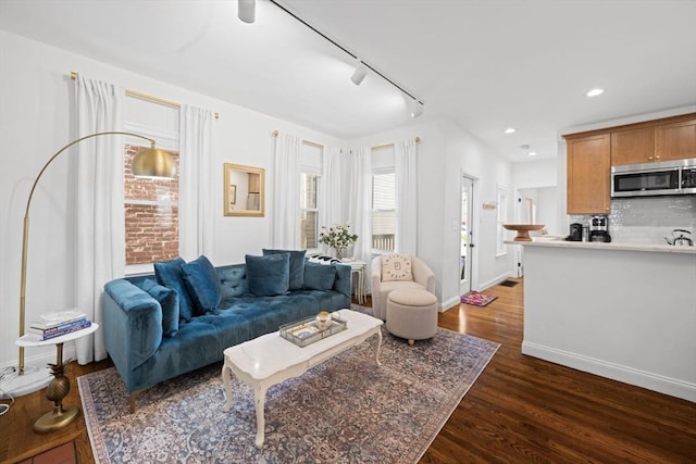 living area featuring dark wood-type flooring, rail lighting, baseboards, and recessed lighting