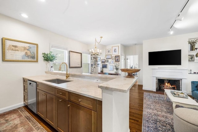 kitchen featuring a sink, open floor plan, stainless steel dishwasher, dark wood-style flooring, and rail lighting