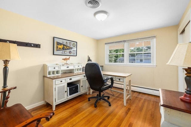 office area featuring a baseboard radiator, light wood-style floors, visible vents, and baseboards