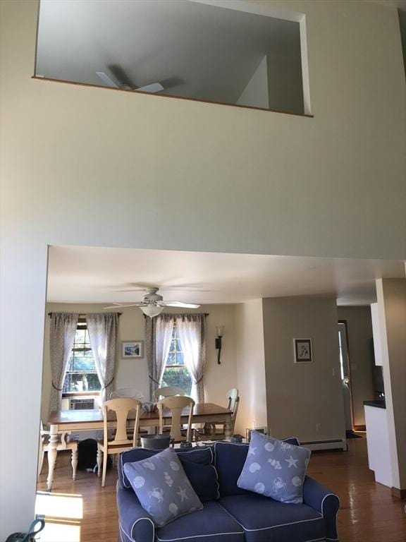 living area featuring a ceiling fan and wood finished floors