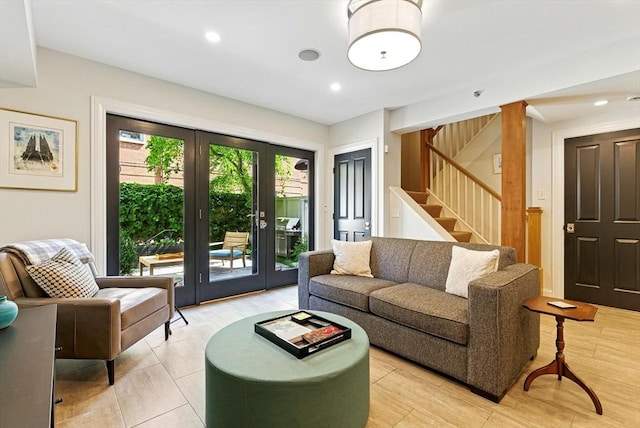 2 Cumston St Unit 2, Boston, MA 02118 - living room with stairs, recessed lighting, and french doors