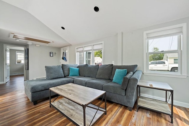 44 Macarthur Ln, Marshfield, MA 02050 - living area with baseboard heating, vaulted ceiling, wood finished floors, attic access, and baseboards