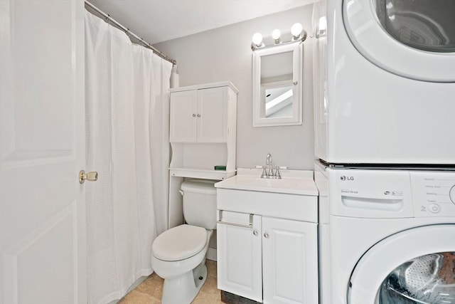 44 Macarthur Ln, Marshfield, MA 02050 - bathroom featuring stacked washer / drying machine, vanity, toilet, tile patterned floors, and a shower with shower curtain