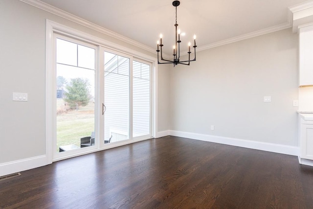 unfurnished dining area with a wealth of natural light, dark hardwood / wood-style floors, and ornamental molding